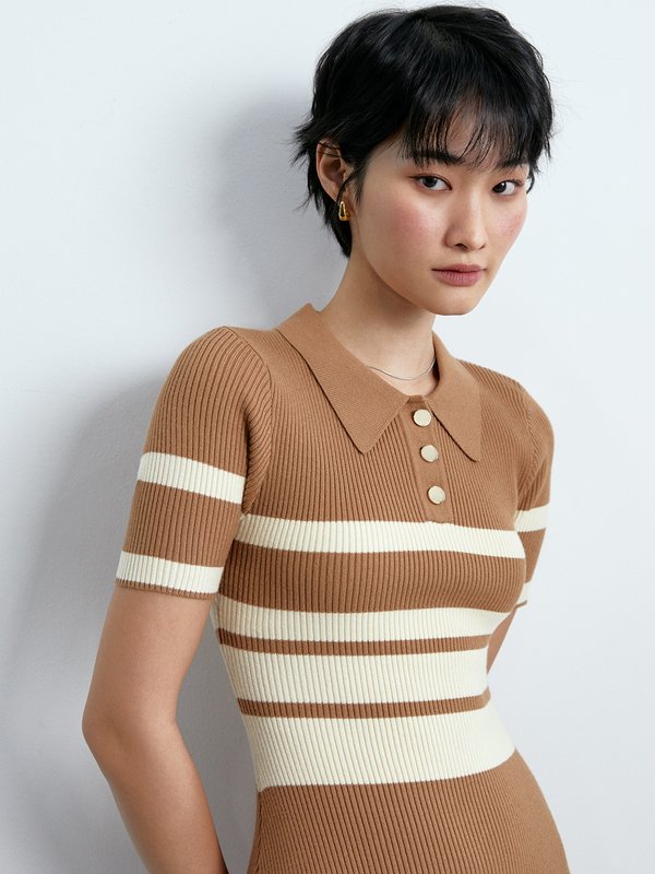 Pomelo Pomelo Collared Stripe Midi Dress - Brown
