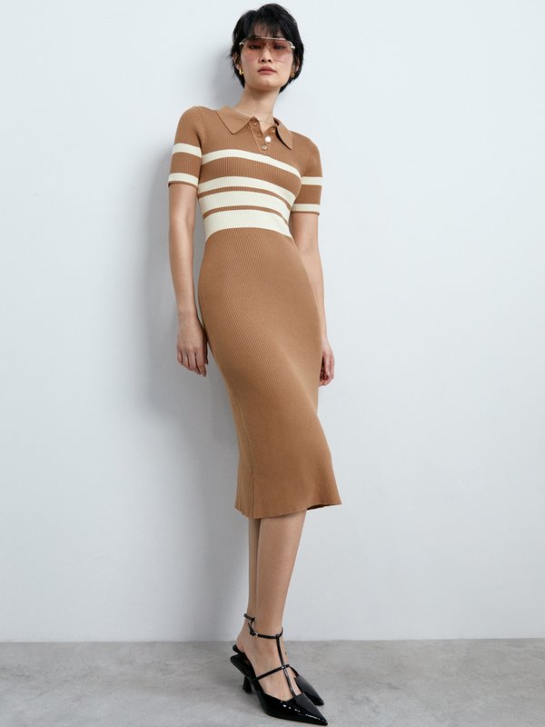 Pomelo Pomelo Collared Stripe Midi Dress - Brown