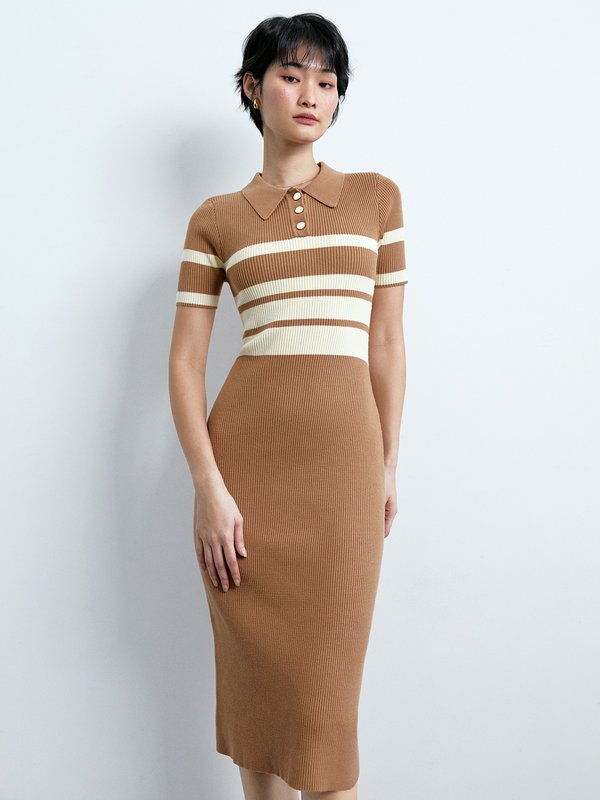 Pomelo Pomelo Collared Stripe Midi Dress - Brown
