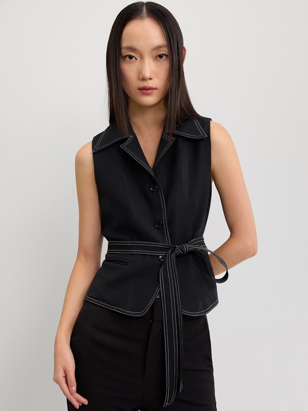 Pomelo Pomelo Collared Tie-Waist Vest - Black