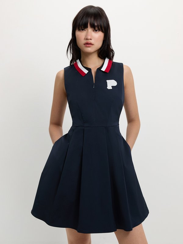 pomelo Pomelo Contrast Collar Pleated Dress - Navy