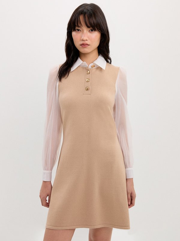 pomelo Pomelo Contrast Sleeves Dress - Beige