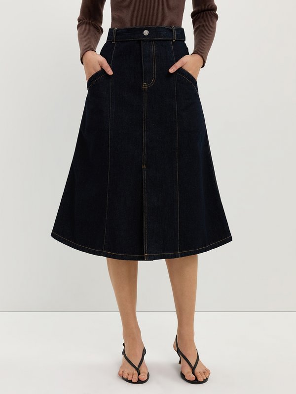 pomelo Pomelo Contrast Stitch Denim Skirt - Indigo