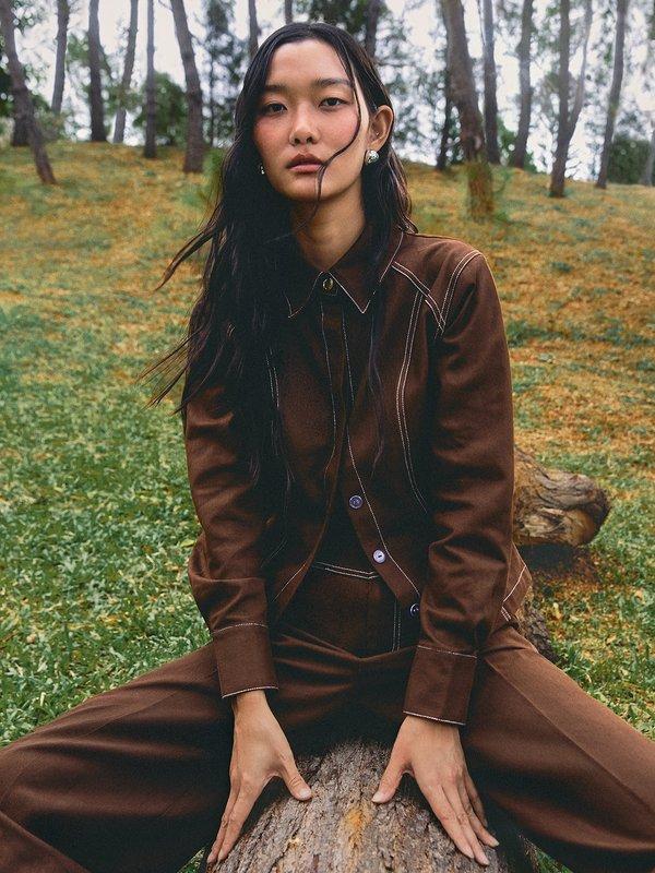 Pomelo Pomelo Contrast Stitch Jacket - Brown