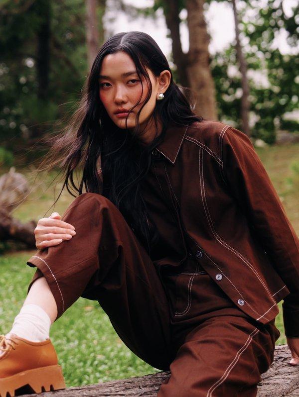 pomelo Pomelo Contrast Stitch Jacket - Brown