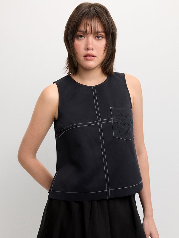 pomelo Pomelo Contrast Stitch Top - Navy