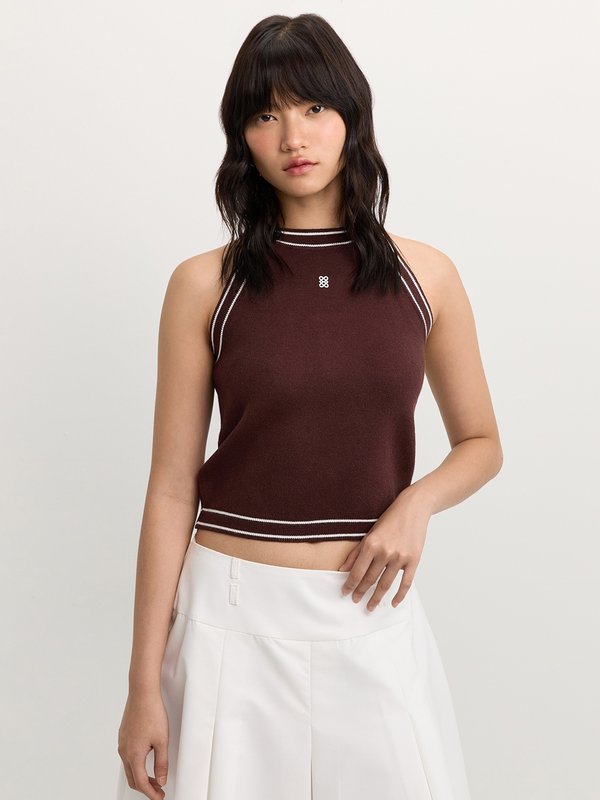 pomelo Pomelo Contrast Trim Halter Top - Brown