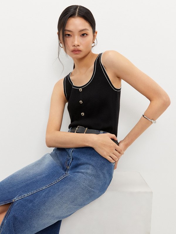 Pomelo Pomelo Contrast Trim Knit Top - Black