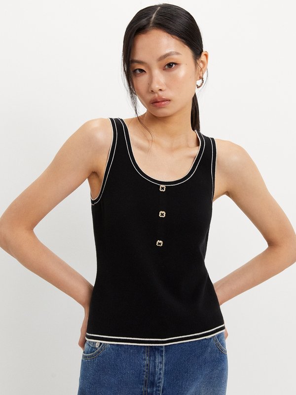 pomelo Pomelo Contrast Trim Knit Top - Black