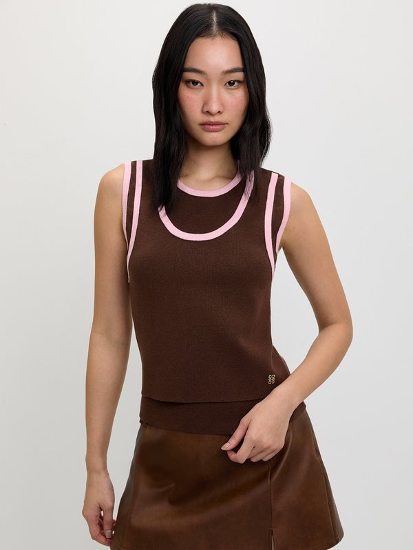 pomelo Pomelo Contrast Trim Knit Top - Brown