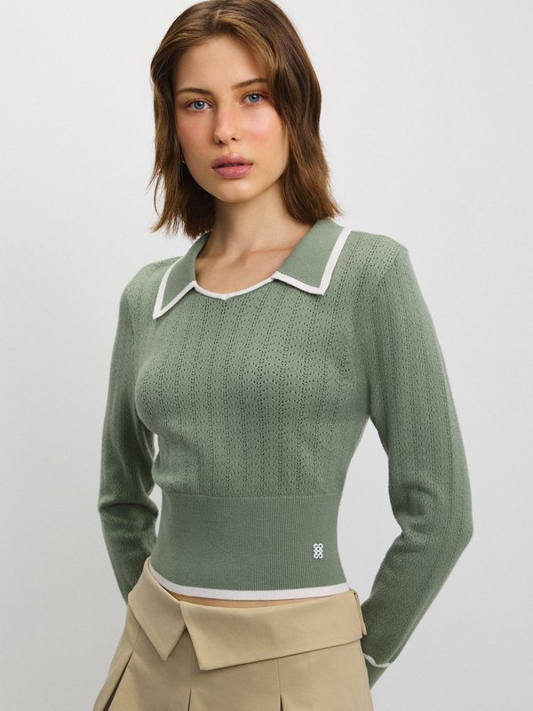 Pomelo Pomelo Contrast Trim Knit Top - Green