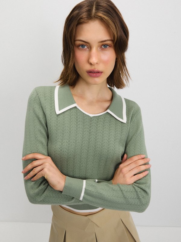 pomelo Pomelo Contrast Trim Knit Top - Green