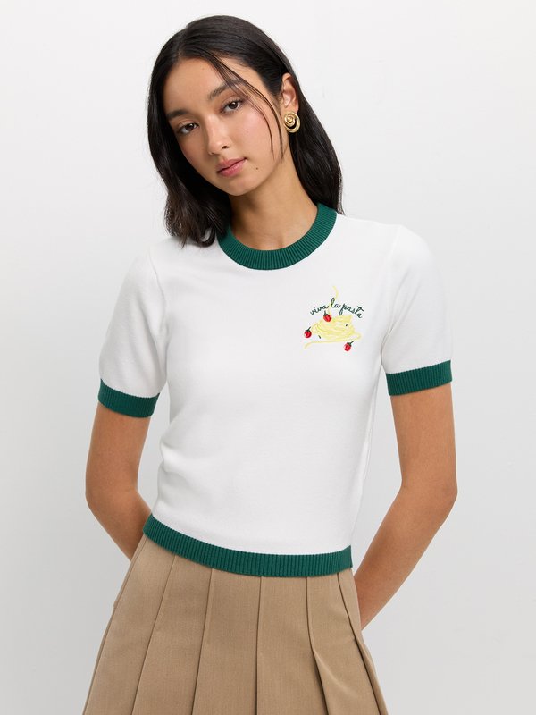 pomelo Pomelo Contrast Trim Knit Top - White