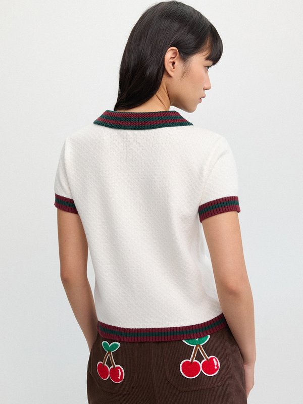 Pomelo Pomelo Contrast Trim Knitted Polo Top - Ivory