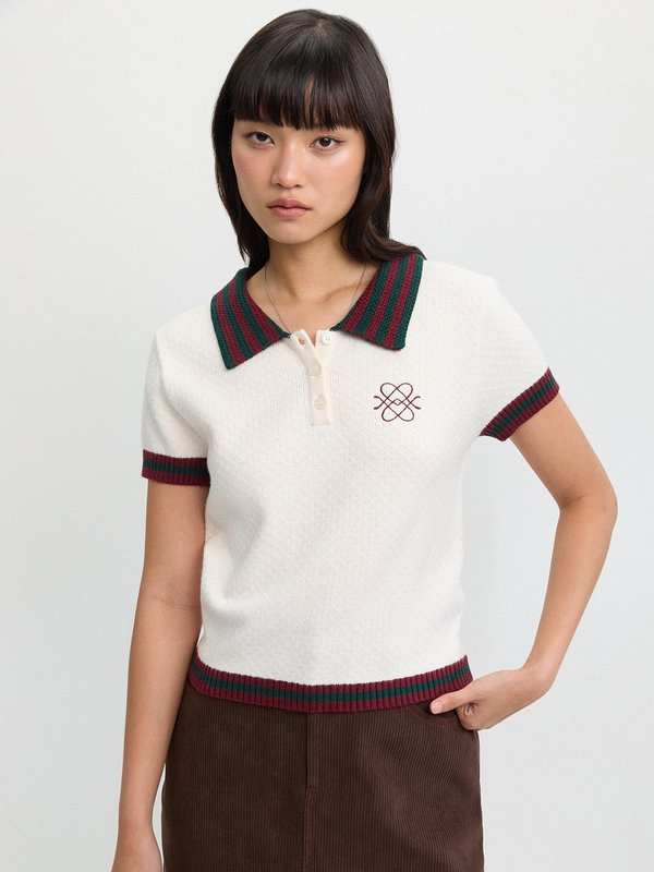 pomelo Pomelo Contrast Trim Knitted Polo Top - Ivory