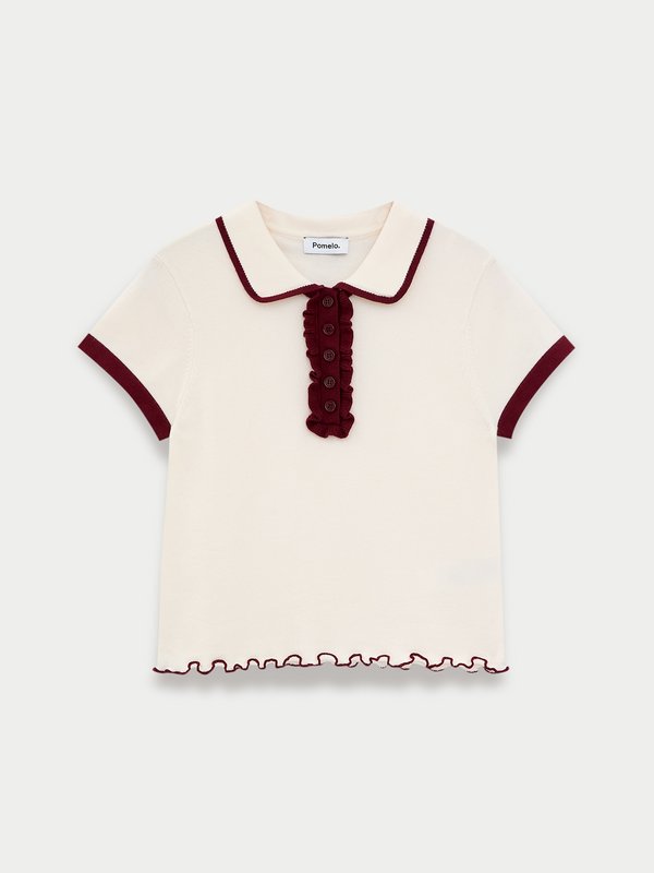 pomelo Pomelo Contrast Trim Ruffle Top - Ivory