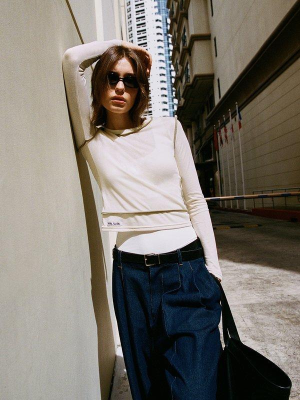 Pomelo Pomelo Contrast Trim Sheer Top - Ivory