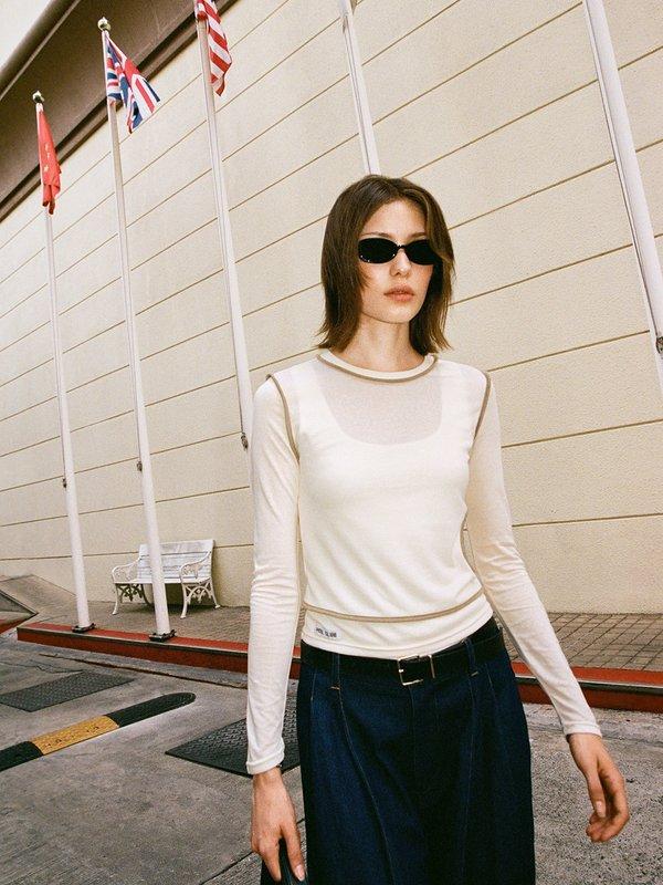 Pomelo Pomelo Contrast Trim Sheer Top - Ivory
