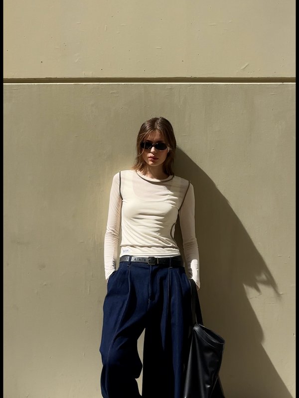 pomelo Pomelo Contrast Trim Sheer Top - Ivory