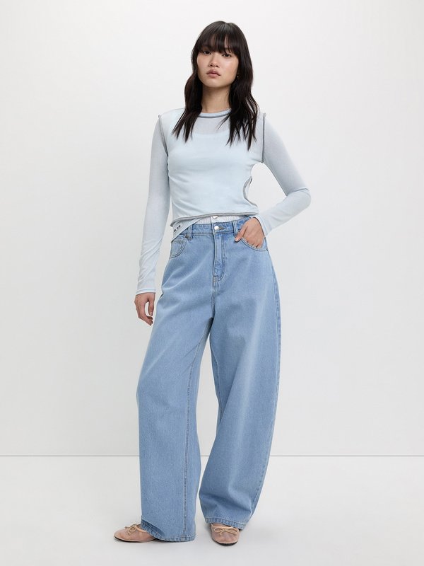 Pomelo Pomelo Contrast Trim Sheer Top - Light Blue