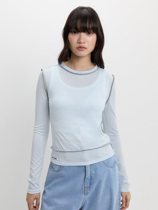pomelo Pomelo Contrast Trim Sheer Top - Light Blue