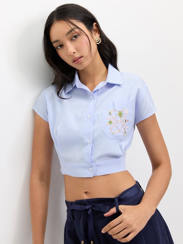 pomelo Pomelo Cropped Button-Up Top - Light Blue