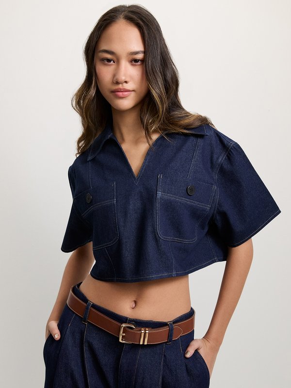Pomelo Pomelo Cropped Denim Blouse - Dark Blue