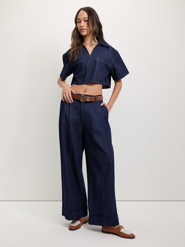Pomelo Pomelo Cropped Denim Blouse - Dark Blue