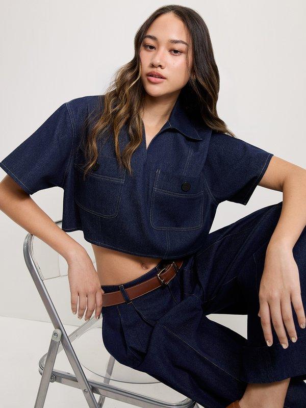 pomelo Pomelo Cropped Denim Blouse - Dark Blue