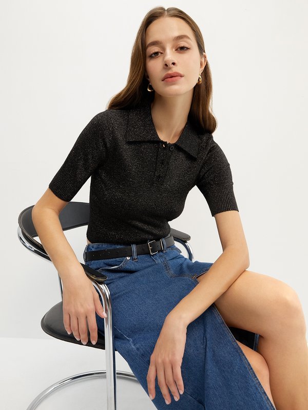 Pomelo Pomelo Cropped Polo Knit Top - Black