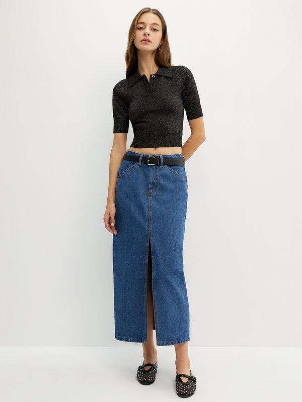 Pomelo Pomelo Cropped Polo Knit Top - Black