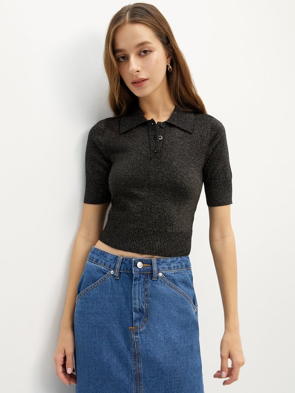 pomelo Pomelo Cropped Polo Knit Top - Black
