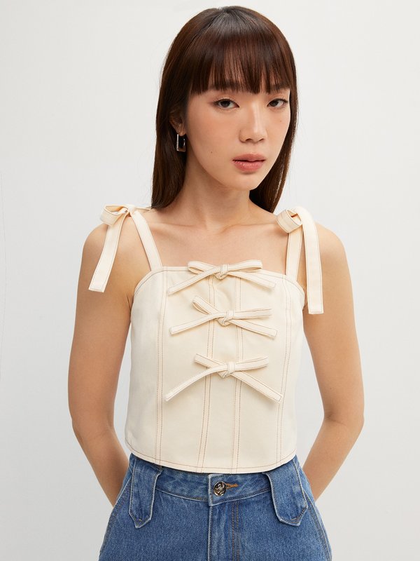 pomelo Pomelo Cropped Ribbon Top - Ivory