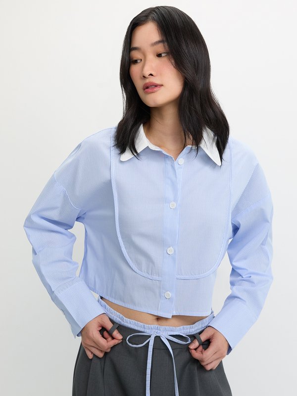 pomelo Pomelo Cropped Stripe Shirt - Baby Blue