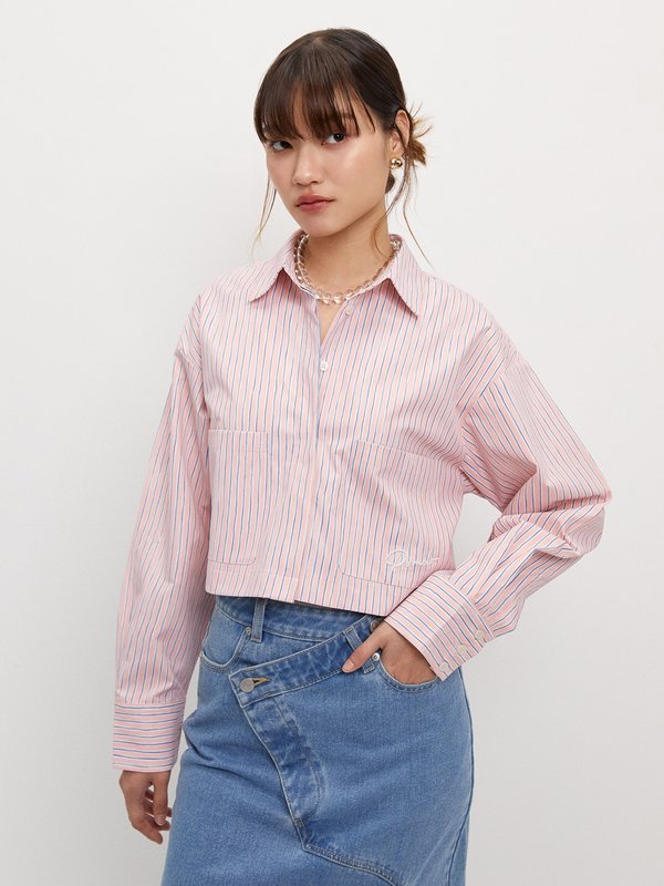 pomelo Pomelo Cropped Striped Button-Up Shirt - Pink