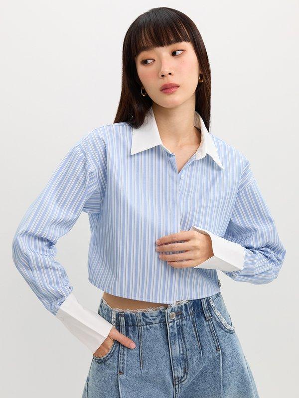 Pomelo Pomelo Cropped Striped Shirt - Baby Blue
