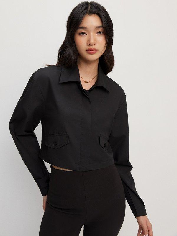 pomelo Pomelo Cropped Utility Button Shirt - Black