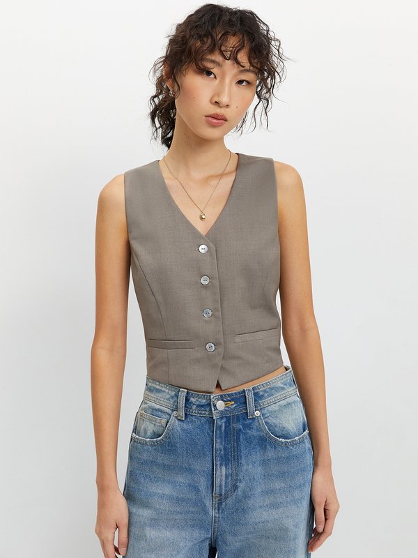 pomelo Pomelo Cropped Vest - Taupe