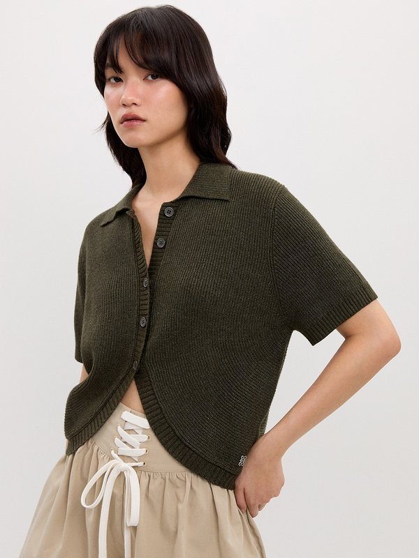 pomelo Pomelo Curved Hem Knit Top - Olive