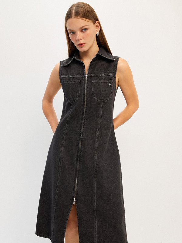 Pomelo Pomelo Denim Front Zipper Dress - Black