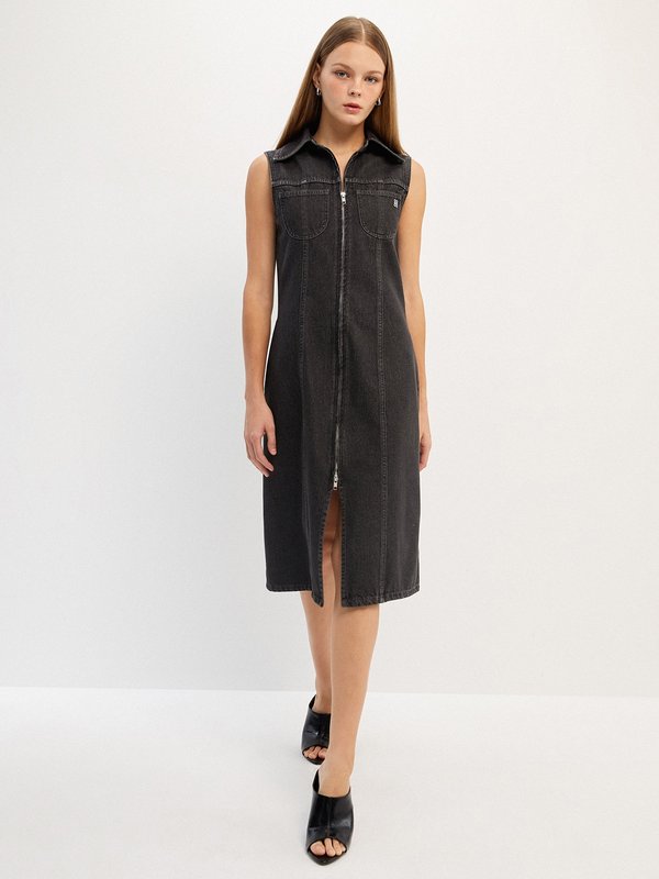 pomelo Pomelo Denim Front Zipper Dress - Black