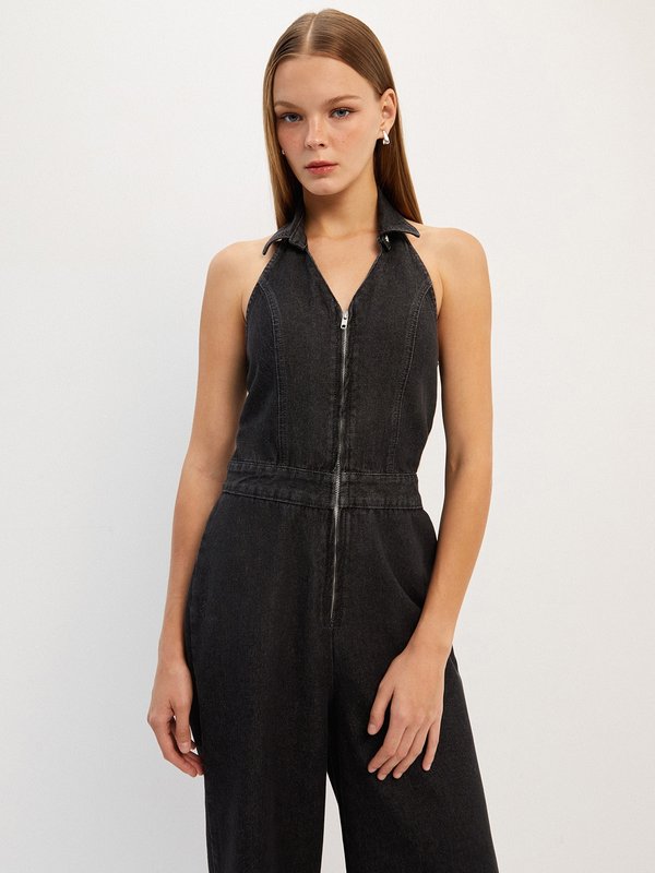 Pomelo Pomelo Denim Front Zipper Jumpsuit - Black