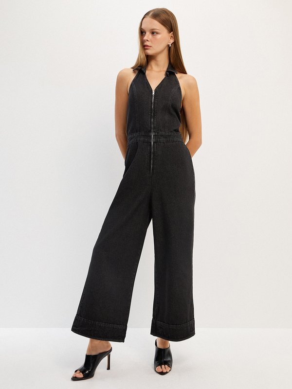 pomelo Pomelo Denim Front Zipper Jumpsuit - Black
