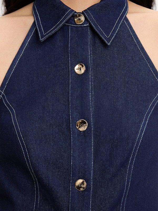 Pomelo Pomelo Denim Halter Top - Dark Blue