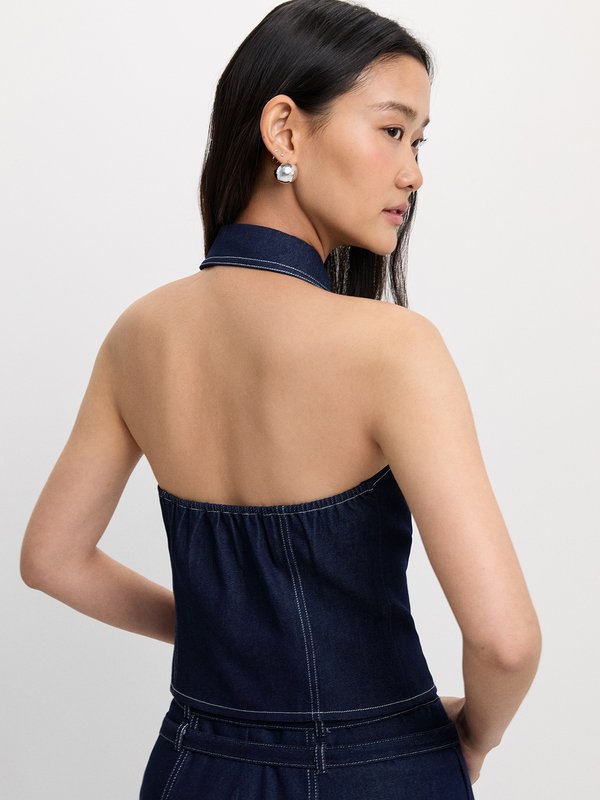 Pomelo Pomelo Denim Halter Top - Dark Blue