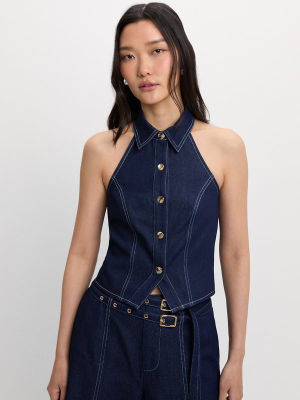 pomelo Pomelo Denim Halter Top - Dark Blue