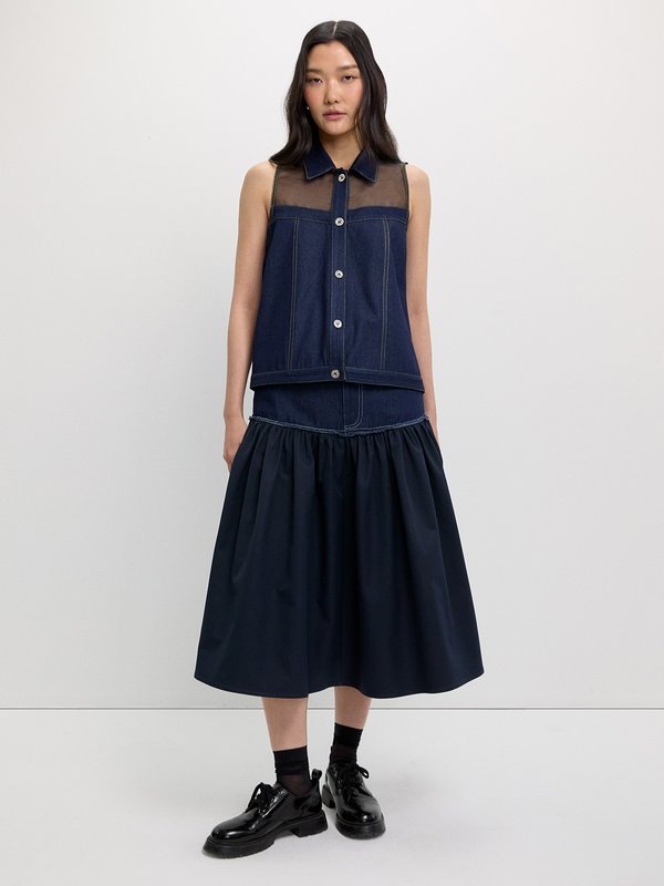 Pomelo Pomelo Denim Mesh Top - Dark Blue