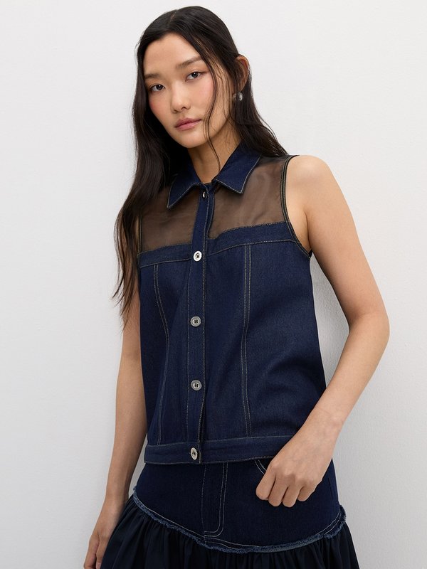 Pomelo Pomelo Denim Mesh Top - Dark Blue