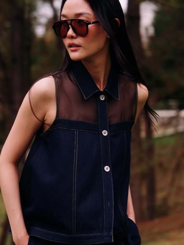 pomelo Pomelo Denim Mesh Top - Dark Blue