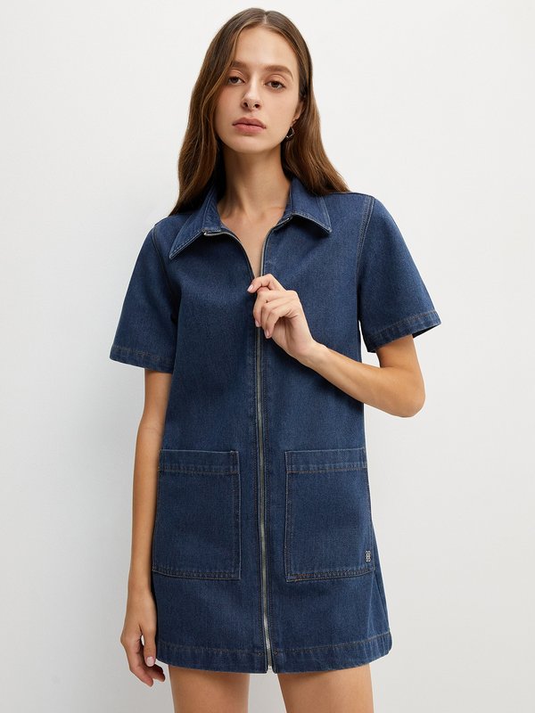 pomelo Pomelo Denim Pocket Mini Dress - Blue